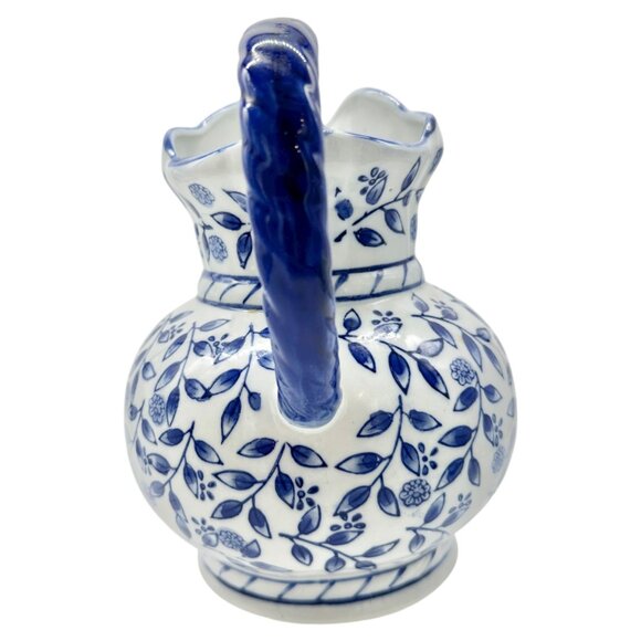 Ceramic Pitcher Vase Blue and White Floral Scalloped Edge Braided Handle 7.5" H - Picture 2 of 7